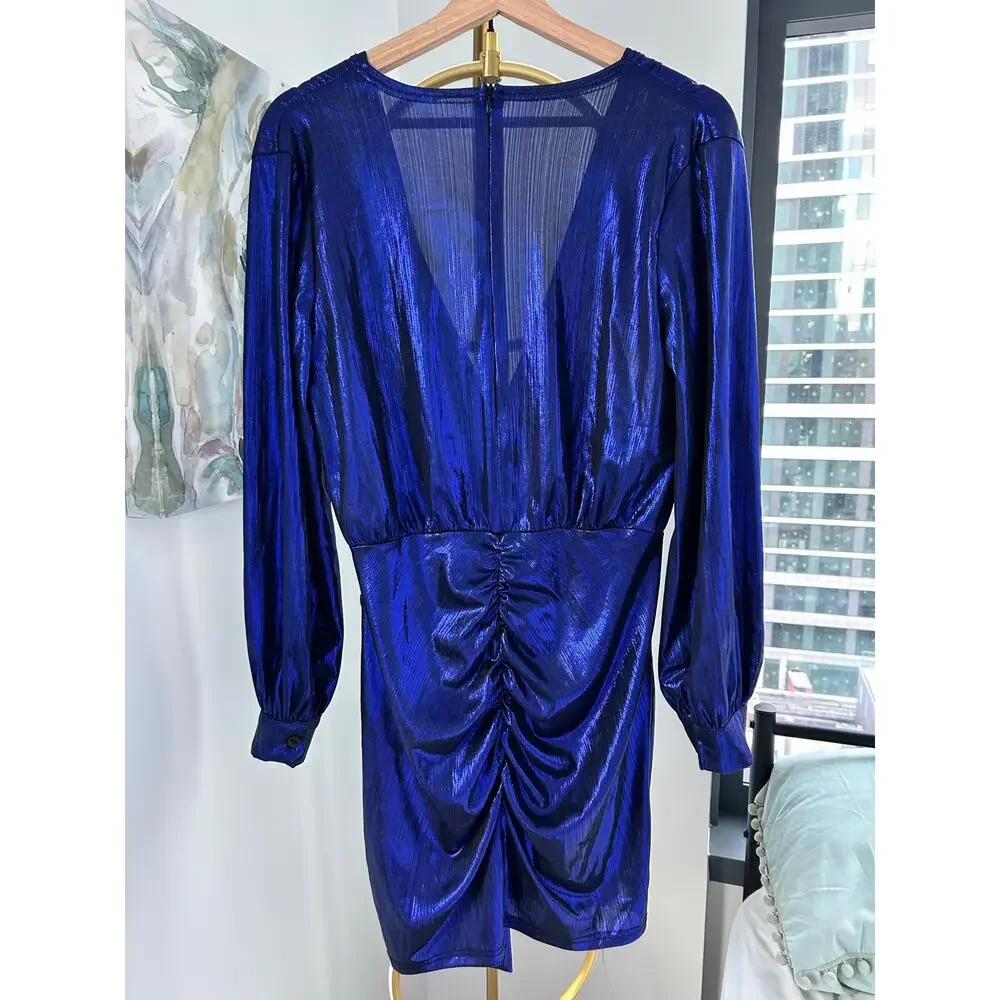 Electric Blue Plunge Neck Dress | Long-Sleeve Bodycon | Size Large - Picture 2 of 5